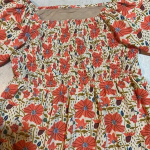 Kori Knee-Length Orange Multicolor Floral Puff Sleeve Dress Sz‎ M thumbnail 6