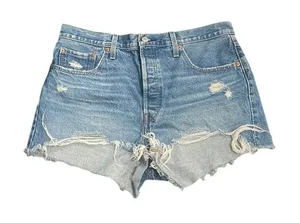 Levi's 501 Cut-Off Jean Shorts Medium Wash Distressed Denim High Rise Size 33 thumbnail 1