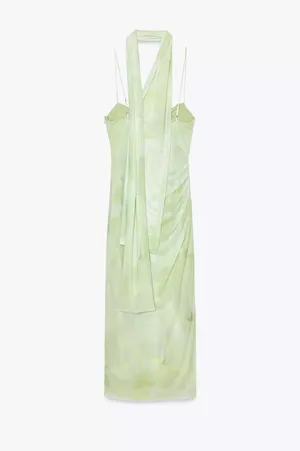 Zara sheer Green Women's maxi Dress scarf evening wedding holiday thumbnail 6