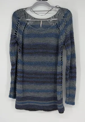 Free People Striped Knit Pullover Sweater Long Sleeve Blue Grey M Slouchy Boho‎ thumbnail 1