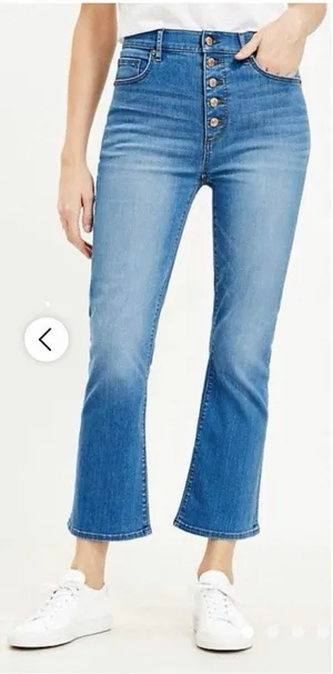 Loft Bright Mid Indigo Wash Flare High Rise Kick Crop Button Fly Jeans Size 28/6 thumbnail 1