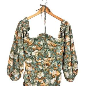 Hello Molly Basque Country Long Sleeve Ruched Mini Dress Floral Sage M NWT Event thumbnail 5