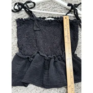 Eli + Ali Black Smocked Peplum Cami Top Womens M Tie Straps Cottagecore Peasant thumbnail 7