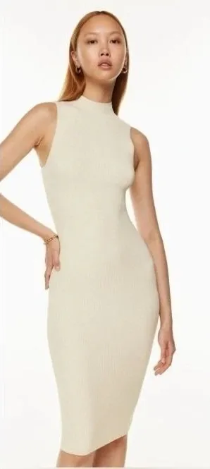 Aritzia Babaton‎ Cream Midi Dress Mock Neck Cut Out Open Back Large thumbnail 1