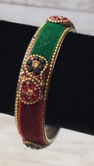 Vintage Bracelet / Bangle Red & Green Gold Tone Edging 2.25" Inside Width Small thumbnail 1