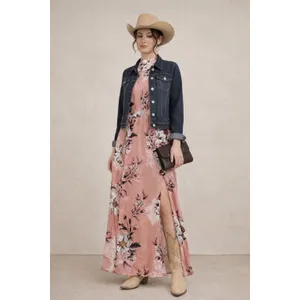 Floral Pink Maxi Dress Small High Neck Front Splits Fairy Cottagecore Whimsical thumbnail 8