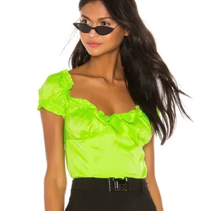 I.AM.GIA Naomi Ruched Milkmaid Neon Green Crop Top Shirt Blouse thumbnail 2