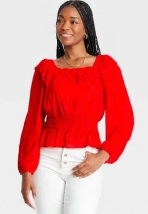 Universal Threads Puff Sleeve Peplum Top Large Elegant Red Women's Top thumbnail 1