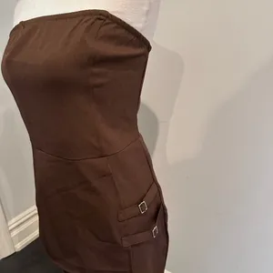 PLT Dark Chocolate Structured Woven Bandeau Belt Detail Straight Leg Jumpsuit thumbnail 2