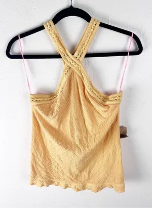 FREE PEOPLE Yellow Textured Embroidered Straps Halter Top Size Large Boho Casual thumbnail 1