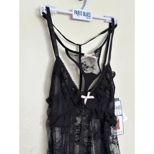 NWT MBlack Lack Babydoll Nightgown Tank Top Chemise w Pink Bow + Matching Thong thumbnail 2