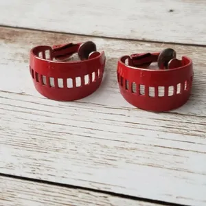 Vintage Clip On Earrings - Red Hoops with Rectangle Cut Outs 0.75" thumbnail 2