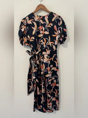 SACHIN & BABI Casey Navy Floral-Print Flared Dress Midi Puff Sleeves ASO Sz 4 thumbnail 2