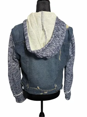 Free People Distressed Denim Jean Jacket W/ Knit Sleeves & Hood thumbnail 3