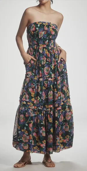 Anthropologie The Somerset Strapless Maxi Dress Bold Floral Blue Medium thumbnail 1