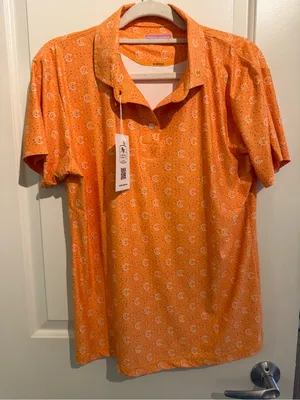 Forged Fabrics Orange Croissant Print Polo Shirt Women’s Medium NWT thumbnail 2