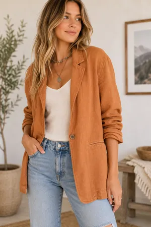 Free People NWOT We The Free Brown Button Linen Cotton Blend Heavy Blazer Jacket thumbnail 1