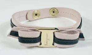 Ferragamo Pink Black Leather Vara Wrap Bracelet Bow Logo Snap 7in Made In Italy thumbnail 1