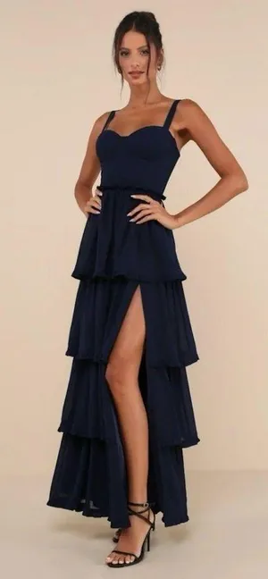 Lulus Sophisticated Occasion Bustier Lace-Up Maxi Dress NWOT size Medium Navy thumbnail 11