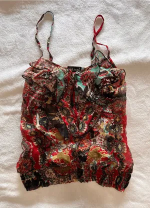 WET SEAL Boho Festival Print Smocked Waist Cami Tank Top Women’s Sz S EUC thumbnail 1