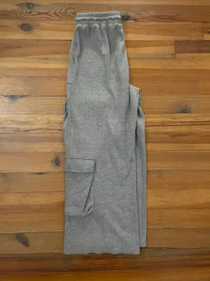 Halara Ribbed Mid Rise Drawstring Pockets Wide Leg Cargo Pants Medium Taupe thumbnail 3