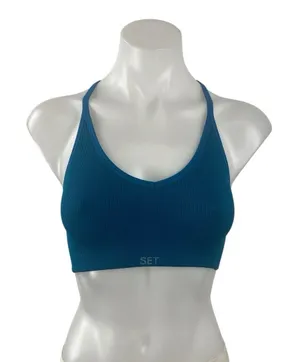 Set Active Blue Ribbed Knit Yoga Workout Athletic Sports Bra Crop Top Size S thumbnail 1