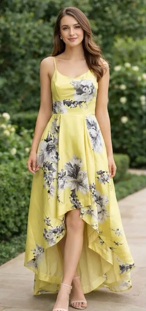 Speechless Yellow Floral High Low Dress Size 5 Spaghetti Strap Prom Formal Satin thumbnail 1