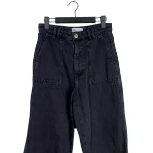 Zara Relaxed Fit Utility Style Wide Leg High Rise Raw Hem Jeans Pockets M Black thumbnail 2