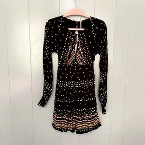 Free People Coryn Black Print Long Sleeve Open Back Flare Boho Mini Dress 0 thumbnail 4