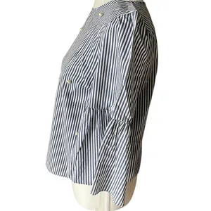 Zara Navy and White Striped Blouse Poplin Bell Sleeves Pearl Accent 3/4 Sleeves‎ thumbnail 4