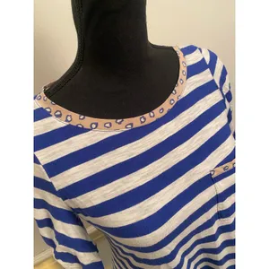 Anthropologie Postmark Blue White Striped Mixed Media Pocket Tee Ruched Sleeve thumbnail 2