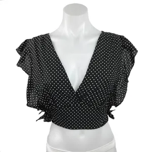 Free People Black White Polka Dots Ruffle Flutter Sleeve V Neck Cropped Top Sz S thumbnail 1