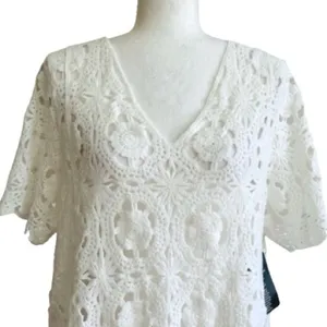 Roamans Top Sweater White French Crochet Short Sleeve Cotton Top Plus 18/20 NEW thumbnail 3