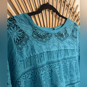 Free People Once Upon A Time Teal Lace Knit Bell Sleeve Top Fairy Boho thumbnail 11