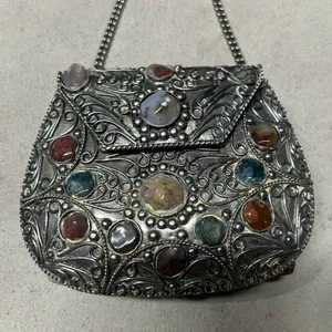Vintage Sajai Metal Purse with Multicolor Agate Stones and Silver Chain Strap thumbnail 2