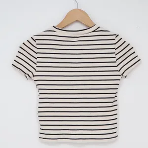 H&M T-Shirt Womens S Divided Basic Cream Black Striped Ribbed Crop Top Excellent thumbnail 5