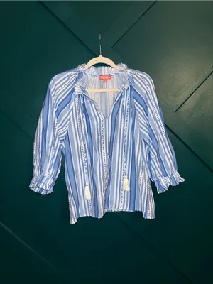 THML Thalia Blue & White Striped Tie-Neck Blouse Coastal Prep Boho Flair thumbnail 2