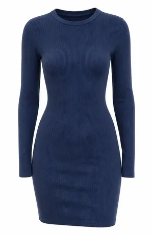 Ribbed Long-Sleeve Bodycon Dress in Navy thumbnail 1