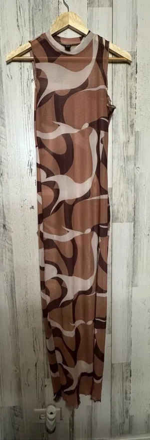 SheIn Brown Abstract Print Mesh Maxi Dress Sleeveless Bodycon Stretch Midi Long Dress thumbnail 1