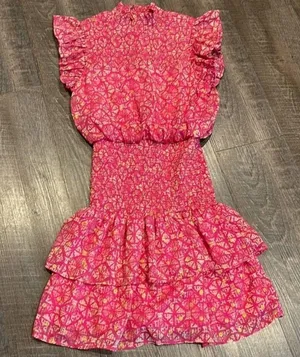gold and fuchsia, print, smock, ruffle, mini dress thumbnail 2