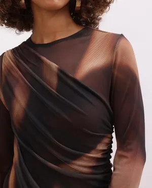 dress mini long sleeve brown tulle ruched party evening cocktail thumbnail 5