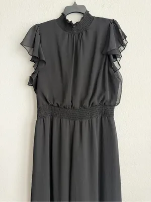 MSK Chiffon Smocked-Trim Flutter-Sleeve Wide-Leg Jumpsuit in Black, Size XL, NWT thumbnail 6