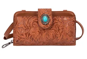 LAVAWA Tooled Brown Leather Crossbody Wallet with Turquoise Accent thumbnail 1