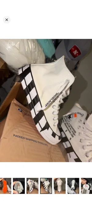 Converse White High-Top Sneakers with Black Checkerboard and Orange Tabs thumbnail 5