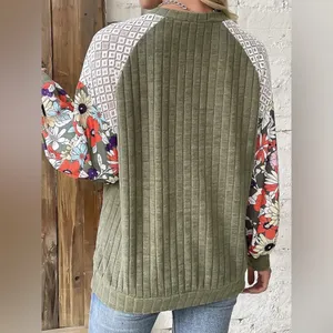 Olive Green Floral Patchwork Blouse Ribbed Lace Balloon Sleeve Whimsigoth XL thumbnail 6