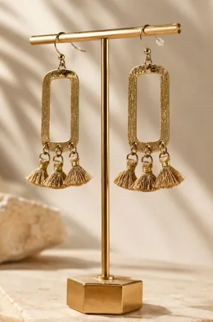 Boho Gold Tassel Statement Earrings | Lightweight Rectangle Drop Dangle Earrings thumbnail 1