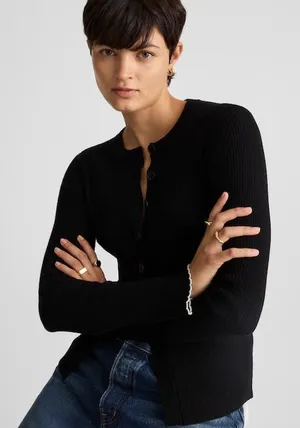 Madewell Whipstitched Longline Cardigan Merino Blend black white combo Sz L NWT thumbnail 1