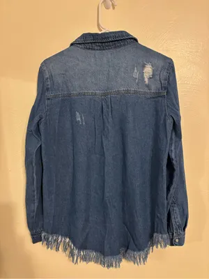 Risen Denim Shirt Women M Distressed Raw Fringe Hem Western Button Up thumbnail 9