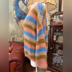 Entro Boho Glam Eyelash Knit Striped Sweater Size Large Multi-Color Fuzzy Fluffy thumbnail 4
