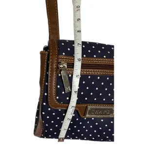 Chaps Navy Blue Polka Dot Crossbody Bag Brown Trim Canvas Small Messenger Purse thumbnail 6